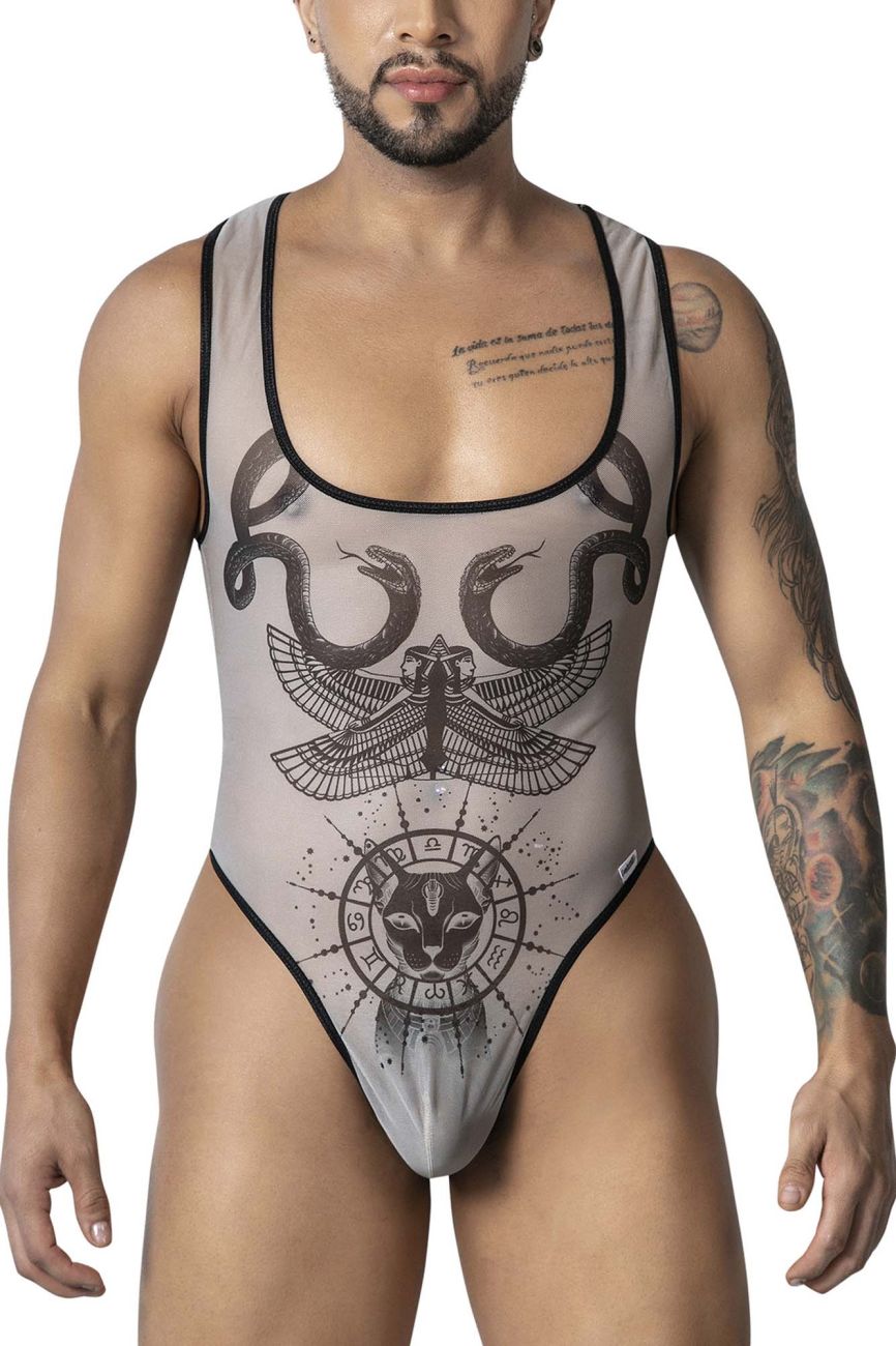 Gray mesh one-piece bodysuit with black inked zodiac and mythological creature design candyMan 99869 nude-black