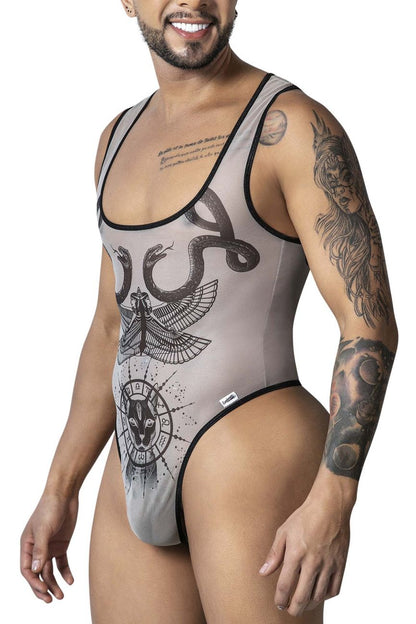 Gray mesh candy man 99869 egyptian one-piece bodysuit with black trim and intricate moth snakes animal head design