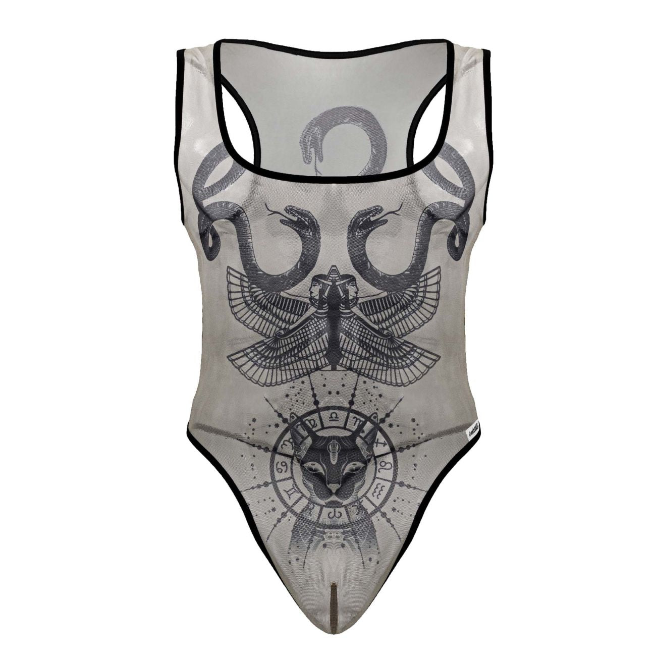 Sheer candyMan 99869 egyptian bodysuit in nude black with black trim and graphic snakes eagle cat zodiac design