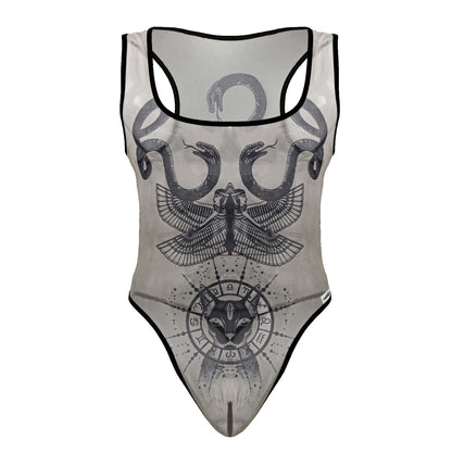 Sheer candyMan 99869 egyptian bodysuit in nude black with black trim and graphic snakes eagle cat zodiac design