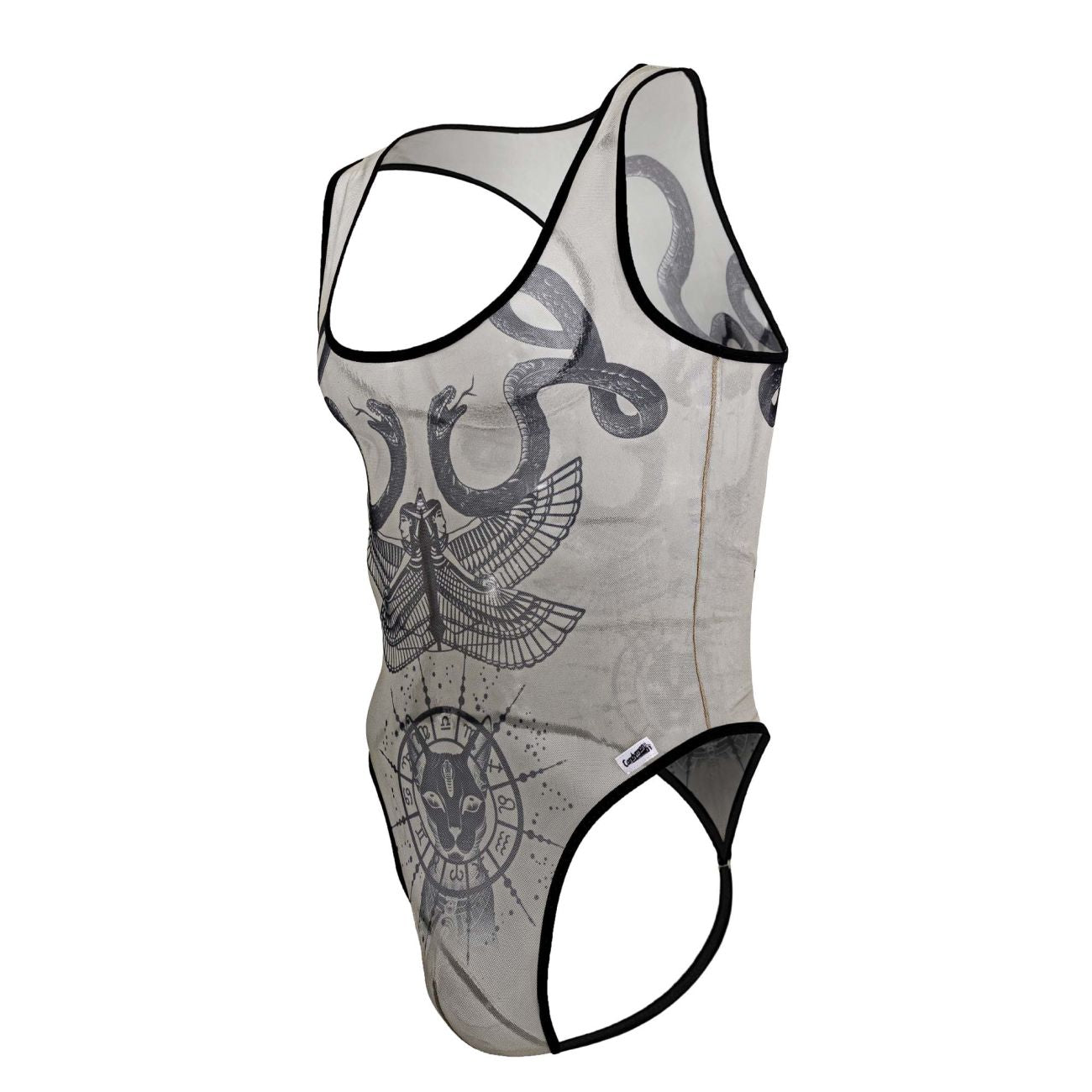 Sheer gray mesh candy man 99869 egyptian bodysuit tank top with black trim and snake eagle cat zodiac print