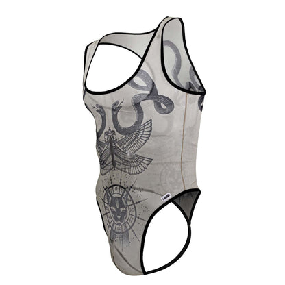 Sheer gray mesh candy man 99869 egyptian bodysuit tank top with black trim and snake eagle cat zodiac print