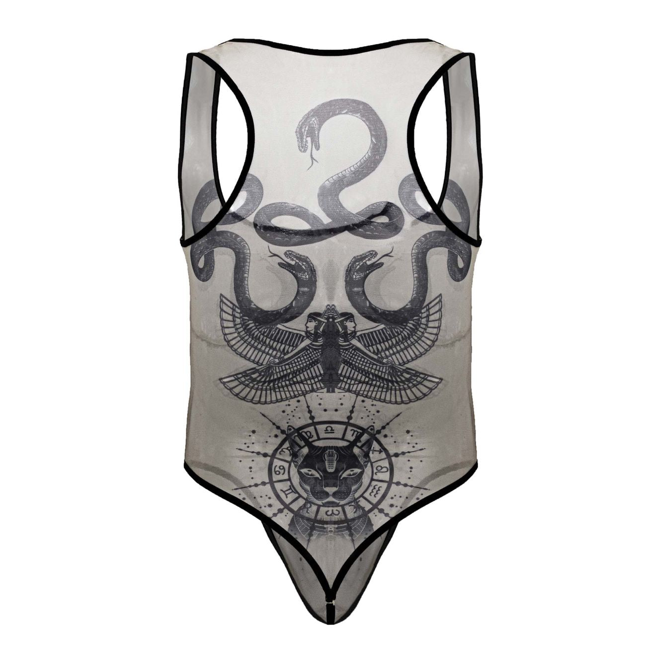 A sheer nude-black CandyMan 99869 Egyptian bodysuit with black trim featuring snakes, a winged figure, and a zodiac cat emblem