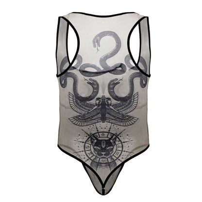 A sheer nude-black CandyMan 99869 Egyptian bodysuit with black trim featuring snakes, a winged figure, and a zodiac cat emblem