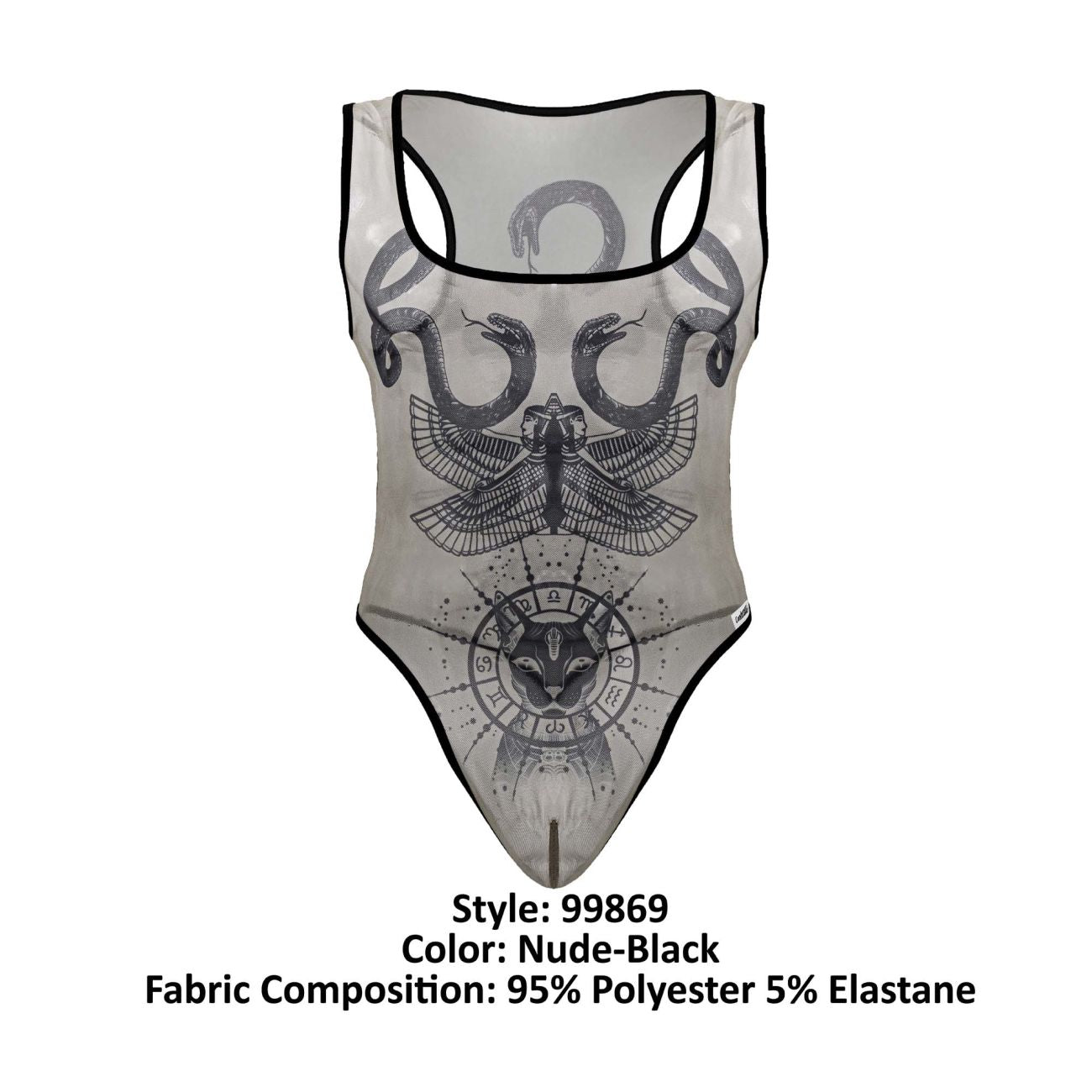 Sheer nude-black one-piece swimsuit candyMan 99869 with intricate black snake and eagle-headed figure graphic designs