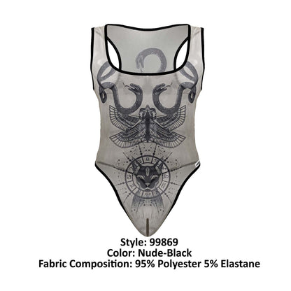 Sheer nude-black one-piece swimsuit candyMan 99869 with intricate black snake and eagle-headed figure graphic designs