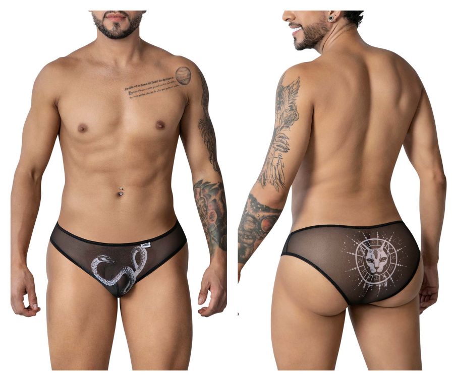 Black sheer mesh CandyMan 99871 Egyptian briefs with white snake design front and white feline face emblem back