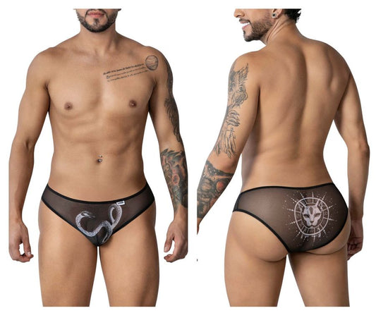 Black sheer mesh CandyMan 99871 Egyptian briefs with white snake design front and white feline face emblem back