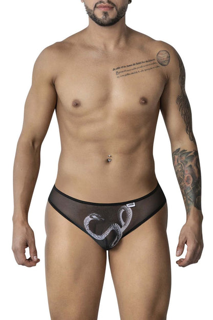 Black sheer mesh briefs with white embroidered snake design from candyman 99871 egyptian briefs collection