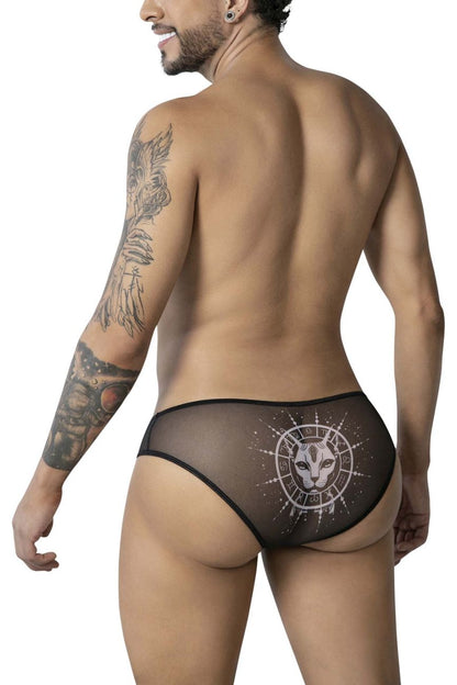 Black sheer mesh CandyMan 99871 Egyptian briefs with white cat face design and zodiac symbols in black and white