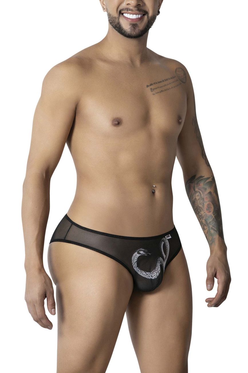 Black sheer mesh CandyMan 99871 Egyptian briefs featuring a white embroidered snake design