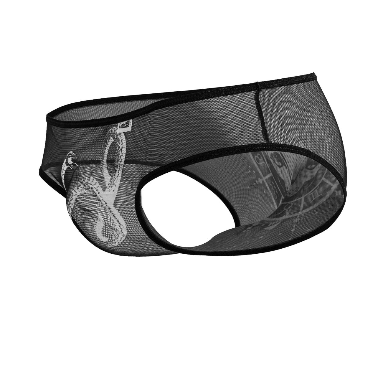 Black mesh candyMan 99871 Egyptian briefs featuring a detailed white snake design on the front