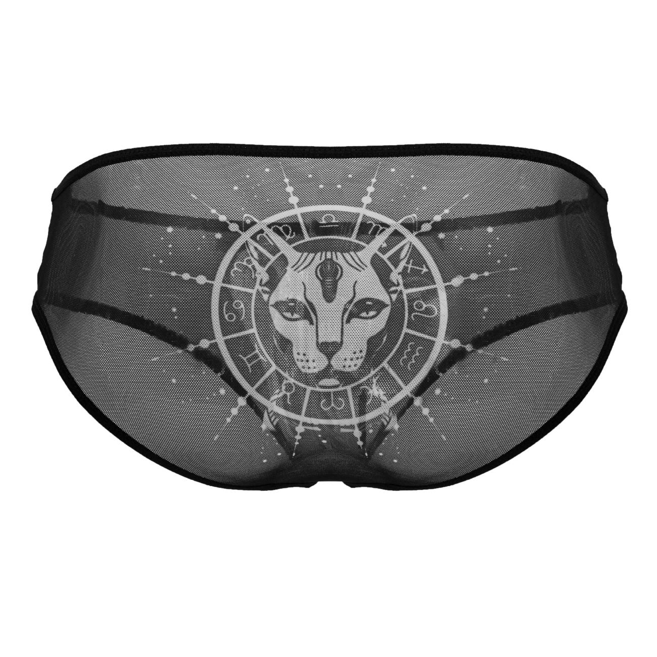 Black sheer mesh candyMan 99871 egyptian briefs featuring a white graphic of an egyptian cat and zodiac symbols