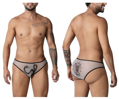 Black and gray patterned mesh CandyMan 99871 Egyptian briefs with snake design front and alien motif back in nude-black