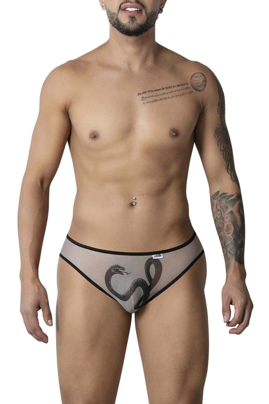 CandyMan 99871 Egyptian briefs in gray sheer fabric with black snake design and contrasting black trim