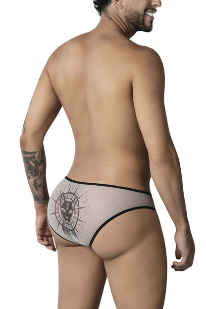 Beige candyman 99871 egyptian briefs with black trim and animal face zodiac design on nude black fabric