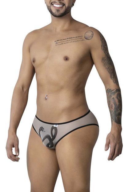 CandyMan 99871 Egyptian briefs in gray mesh with black snake design and contrasting black trim
