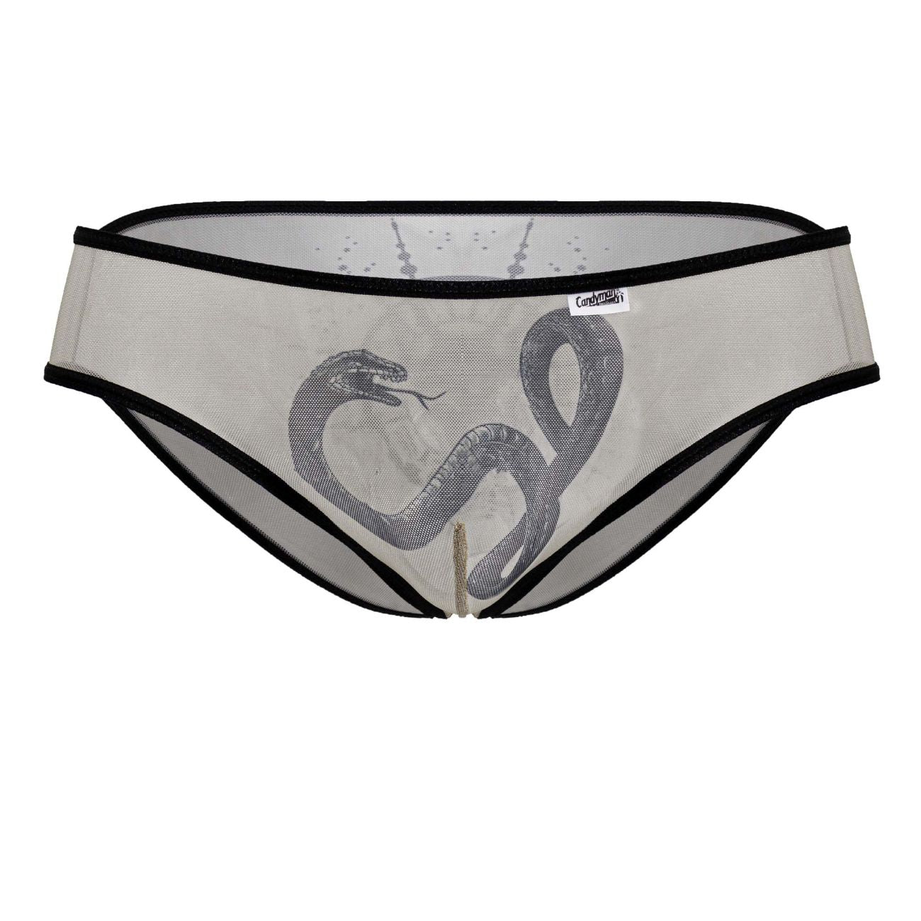 Black-trimmed sheer mesh CandyMan 99871 Egyptian briefs in nude and black with detailed gray snake illustration