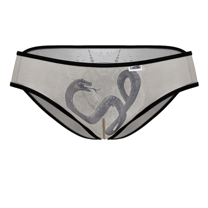 Black-trimmed sheer mesh CandyMan 99871 Egyptian briefs in nude and black with detailed gray snake illustration
