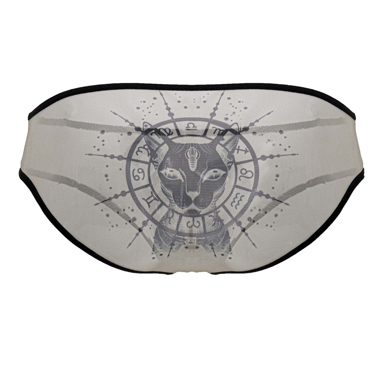 CandyMan 99871 egyptian briefs in nude-black sheer mesh with black trim and gray egyptian cat graphic with zodiac symbols