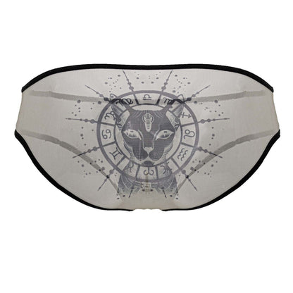 CandyMan 99871 egyptian briefs in nude-black sheer mesh with black trim and gray egyptian cat graphic with zodiac symbols