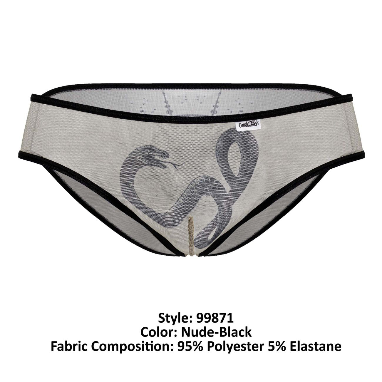 CandyMan 99871 Egyptian briefs in nude-black sheer mesh with black snake graphic and contrasting black trim