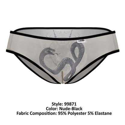 CandyMan 99871 Egyptian briefs in nude-black sheer mesh with black snake graphic and contrasting black trim