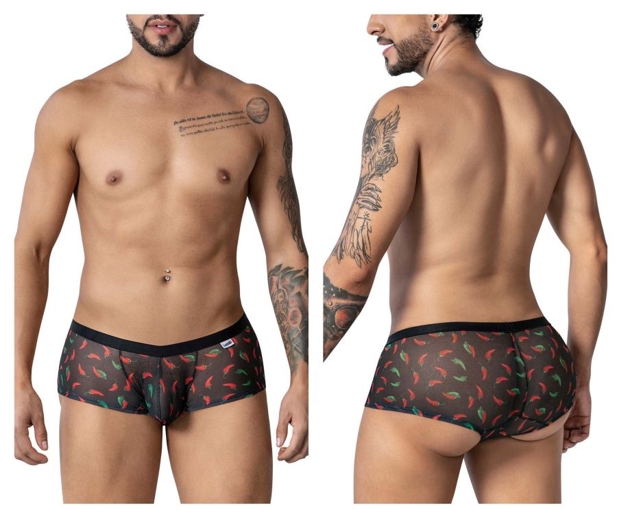 Black mesh briefs candyMan 99873 featuring a vibrant red and green chili pepper print on black trunks