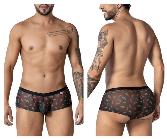 Black mesh briefs candyMan 99873 featuring a vibrant red and green chili pepper print on black trunks