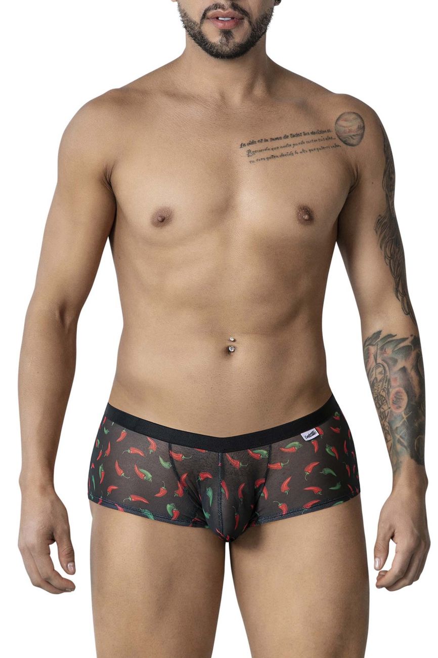 Black CandyMan 99873 chili pepper trunks with red and green chili pepper pattern on sheer mesh fabric