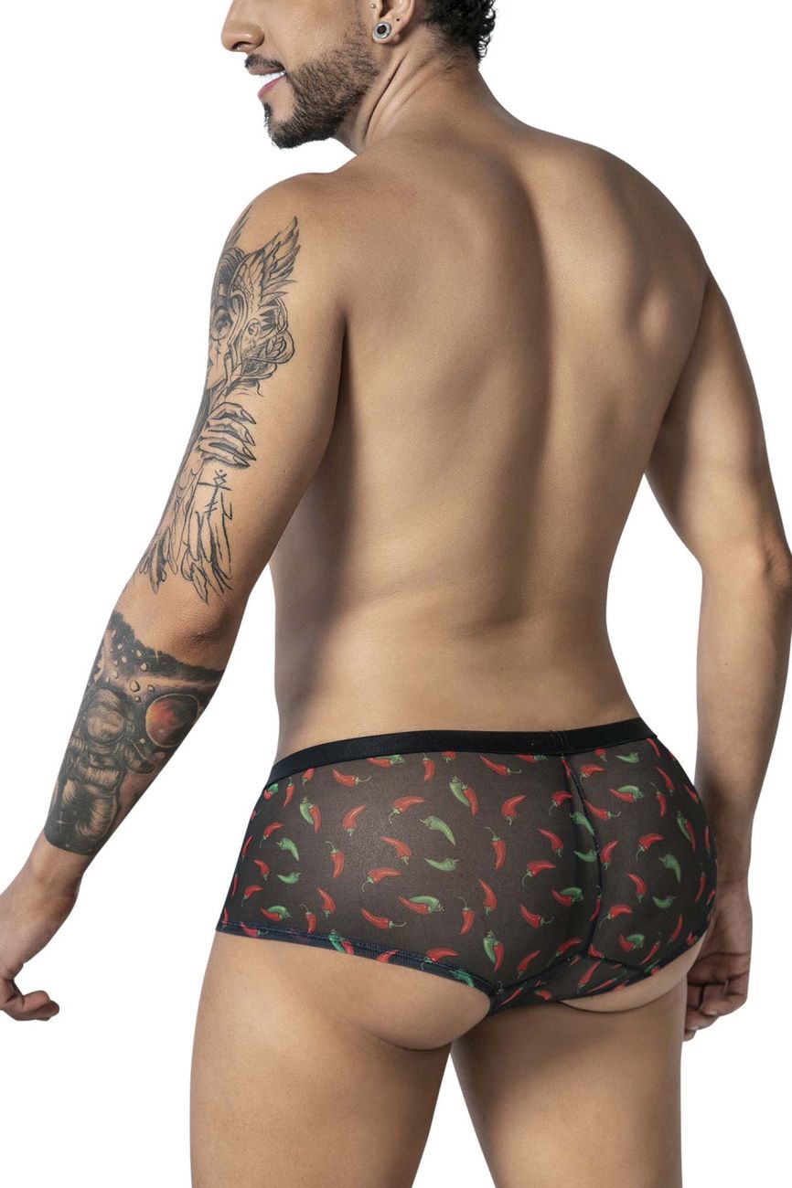Black mesh briefs candyMan 99873 chili pepper trunks with vibrant red and green chili pepper print