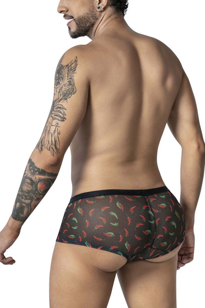 Black mesh briefs candyMan 99873 chili pepper trunks with vibrant red and green chili pepper print