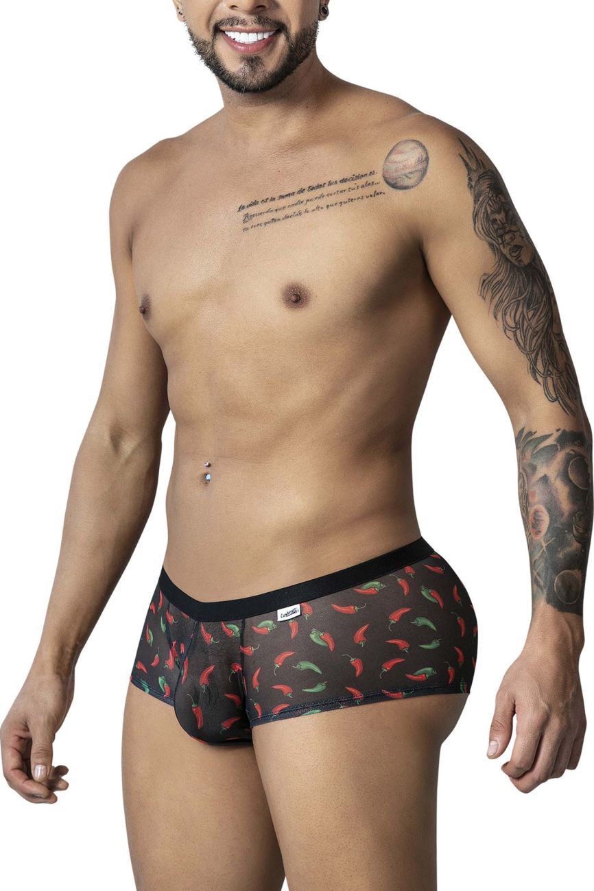 Candyman 99873 chili pepper trunks black briefs with red and green chili pepper pattern on sheer fabric