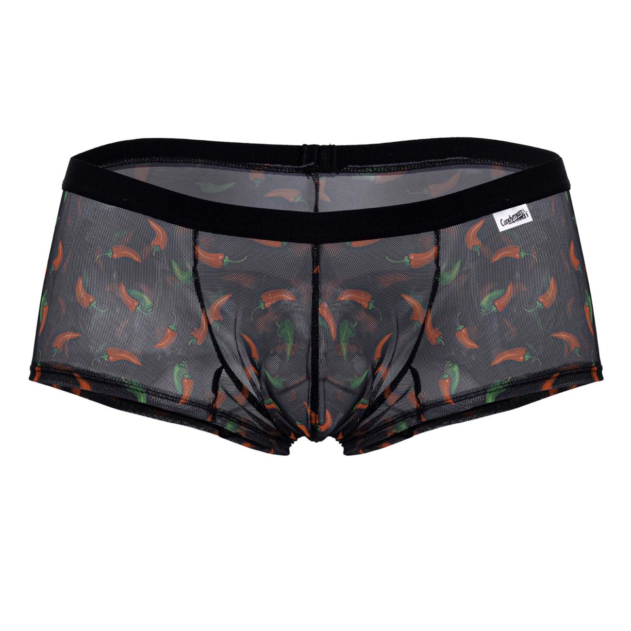 Black mesh briefs candyMan 99873 featuring a playful orange and green chili pepper print on black fabric