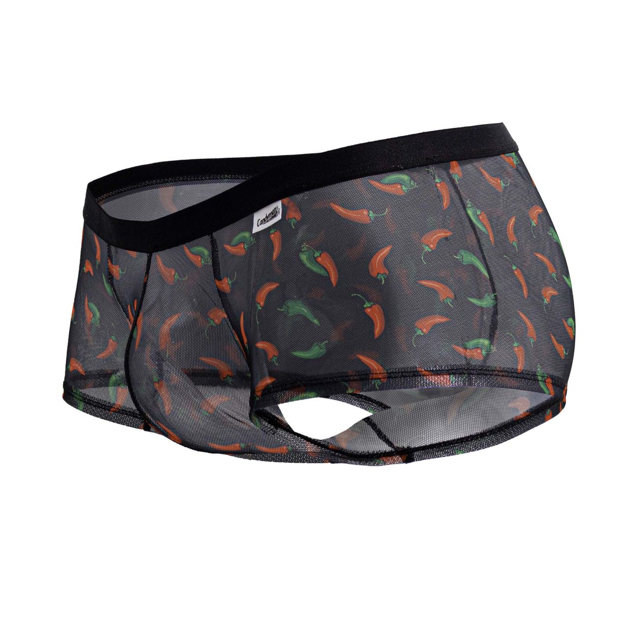 Black candyMan 99873 mesh briefs with orange and green chili pepper print featuring a playful pattern