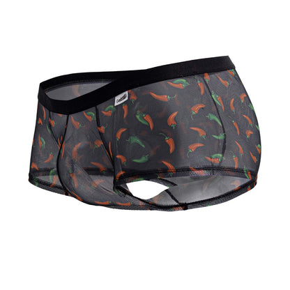 Black candyMan 99873 mesh briefs with orange and green chili pepper print featuring a playful pattern