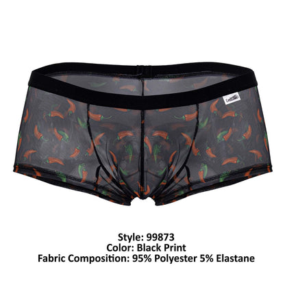 Black mesh CandyMan 99873 chili pepper trunks featuring vibrant orange and green chili pepper print