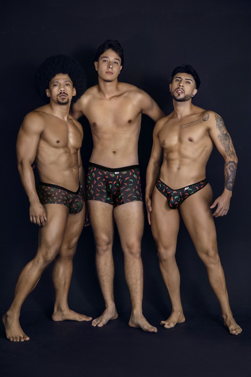 Black briefs with vibrant colorful geometric pattern from candyman 99873 chili pepper trunks in black print