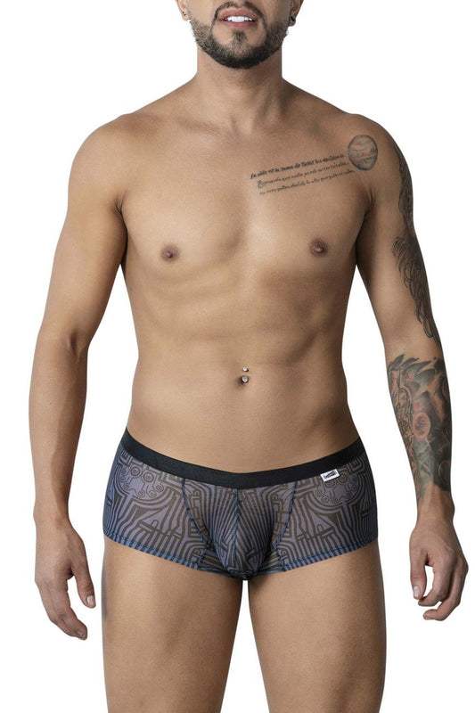 CandyMan 99873 Egyptian trunks in gray-black feature black and gray patterned sheer mesh fabric for men’s briefs