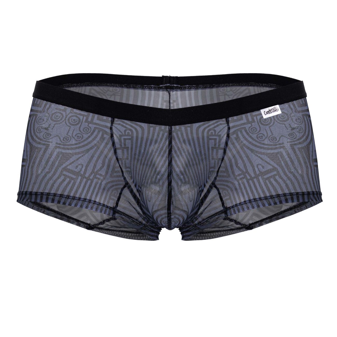 Black mesh CandyMan 99873 Egyptian trunks with gray geometric pattern and reinforced black elastic waistband