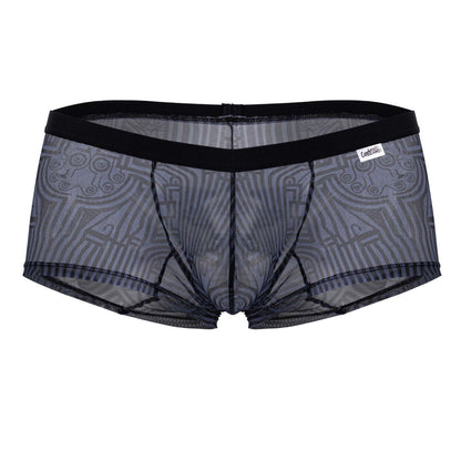 Black mesh CandyMan 99873 Egyptian trunks with gray geometric pattern and reinforced black elastic waistband