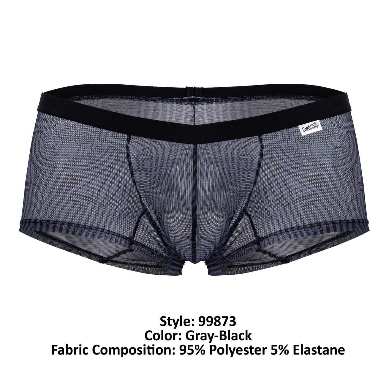 Gray-black sheer mesh briefs with black elastic waistband and intricate geometric patterns candyMan 99873 egyptian trunks