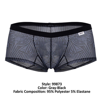 Gray-black sheer mesh briefs with black elastic waistband and intricate geometric patterns candyMan 99873 egyptian trunks