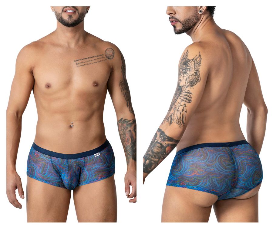 CandyMan 99873 Seawater trunks multicolor print men’s briefs with blue and purple swirling pattern and dark blue waistband