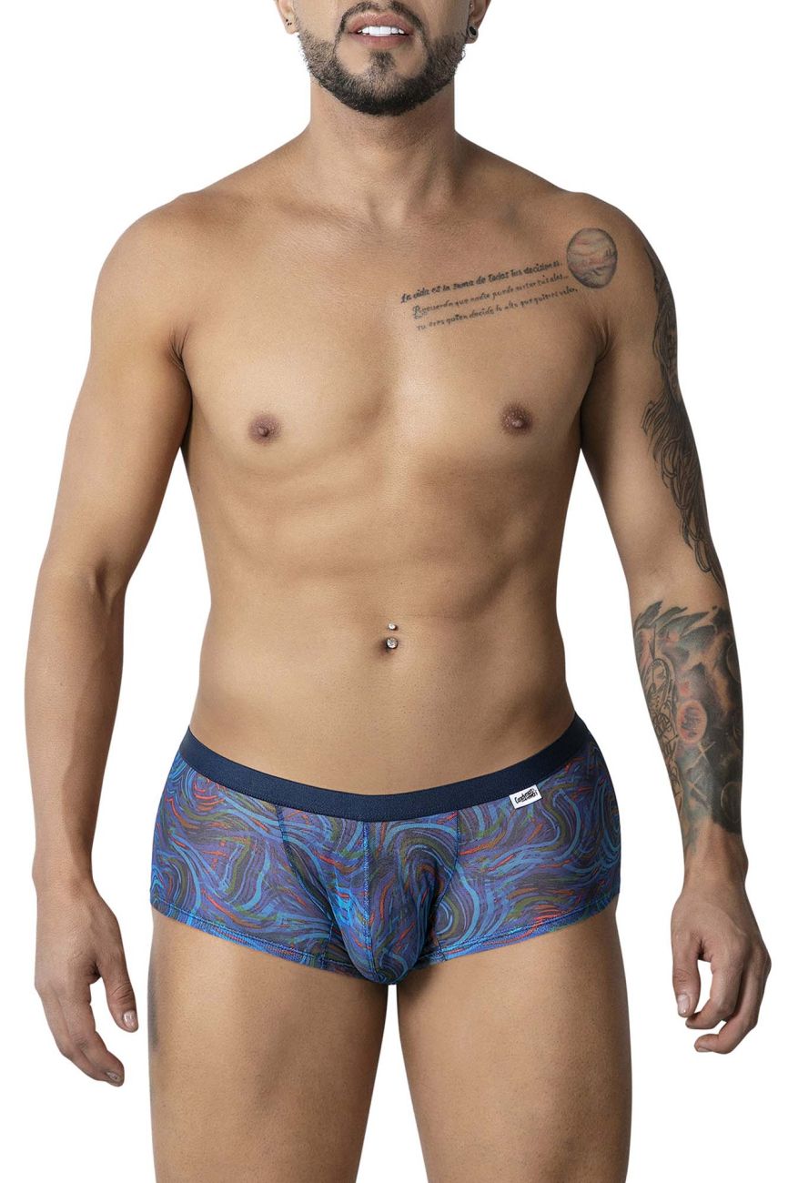 CandyMan 99873 seawater trunks multicolor print briefs with blue and purple abstract pattern and navy elastic waistband
