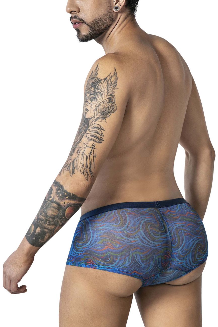 CandyMan 99873 seawater trunks men’s briefs with blue and purple swirling multicolor print and dark blue waistband