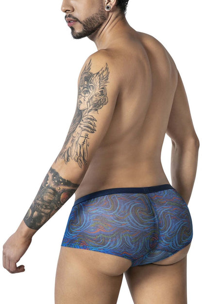 CandyMan 99873 seawater trunks men’s briefs with blue and purple swirling multicolor print and dark blue waistband