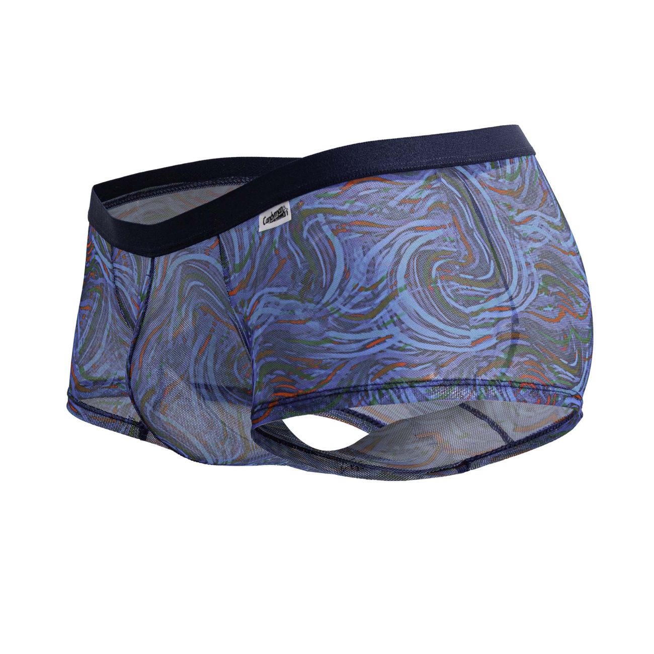 Blue and gray patterned mens briefs with swirling abstract design and black elastic waistband candyMan 99873 seawater trunks