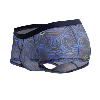 Blue and gray patterned mens briefs with swirling abstract design and black elastic waistband candyMan 99873 seawater trunks