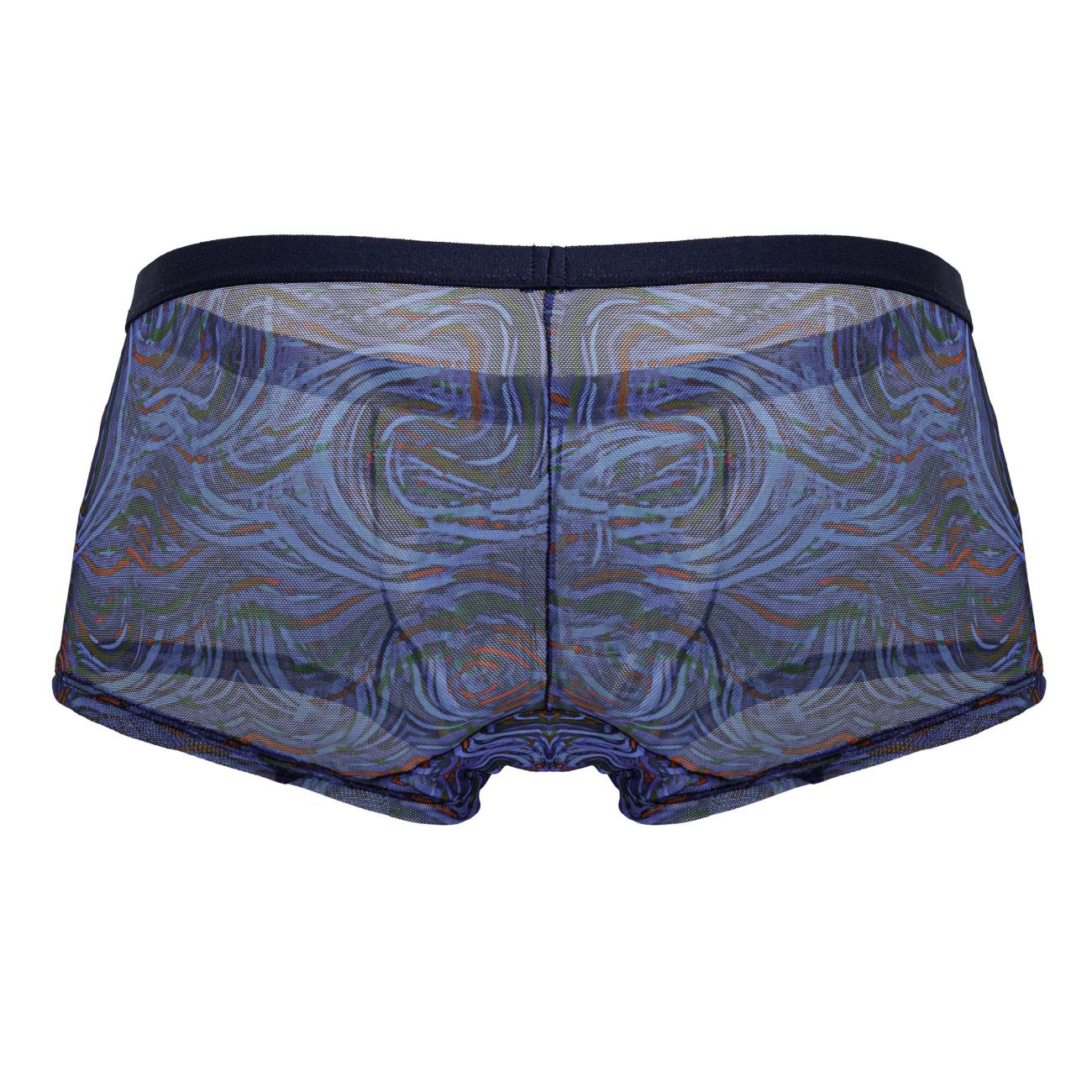 CandyMan 99873 seawater trunks multicolor print blue and gray patterned mesh briefs with dark navy waistband